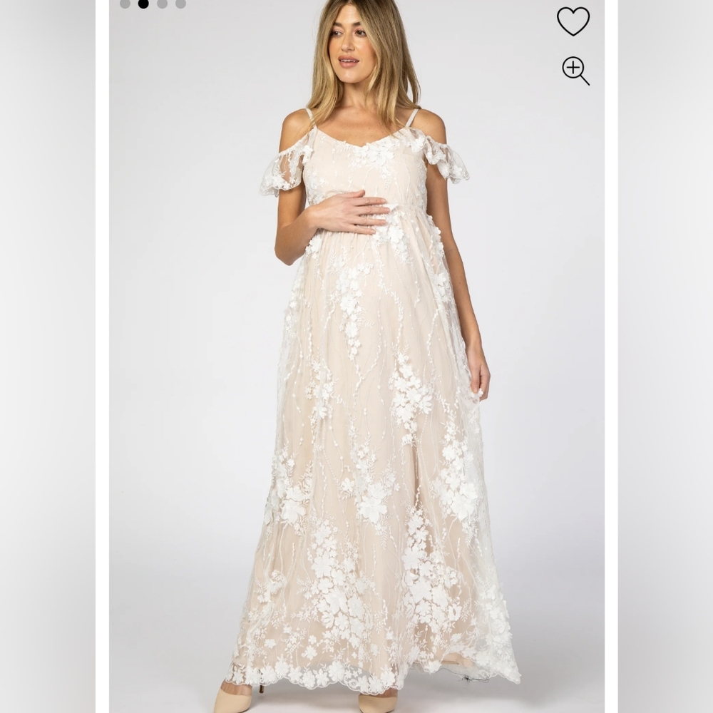 Ivory Floral Embroidered Mesh Maternity Evening Gown